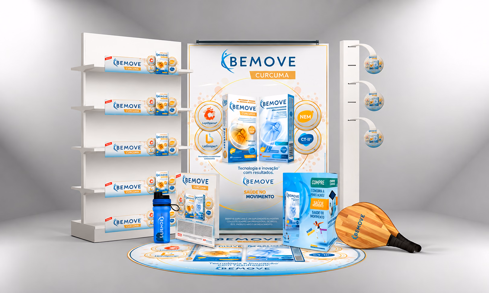 Mockup de materiais de ponto de venda do Bemove, da Momenta